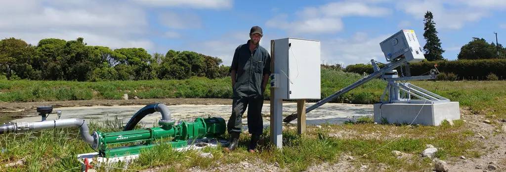 Dave's Upgrade from Discharge Consent 8 Dave standing infront of his new dairy effluent setup designed by Nevada