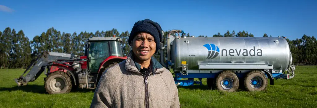 Vincent portrait in front of Nevada Slurry Tanker in NZ, Winton Southland