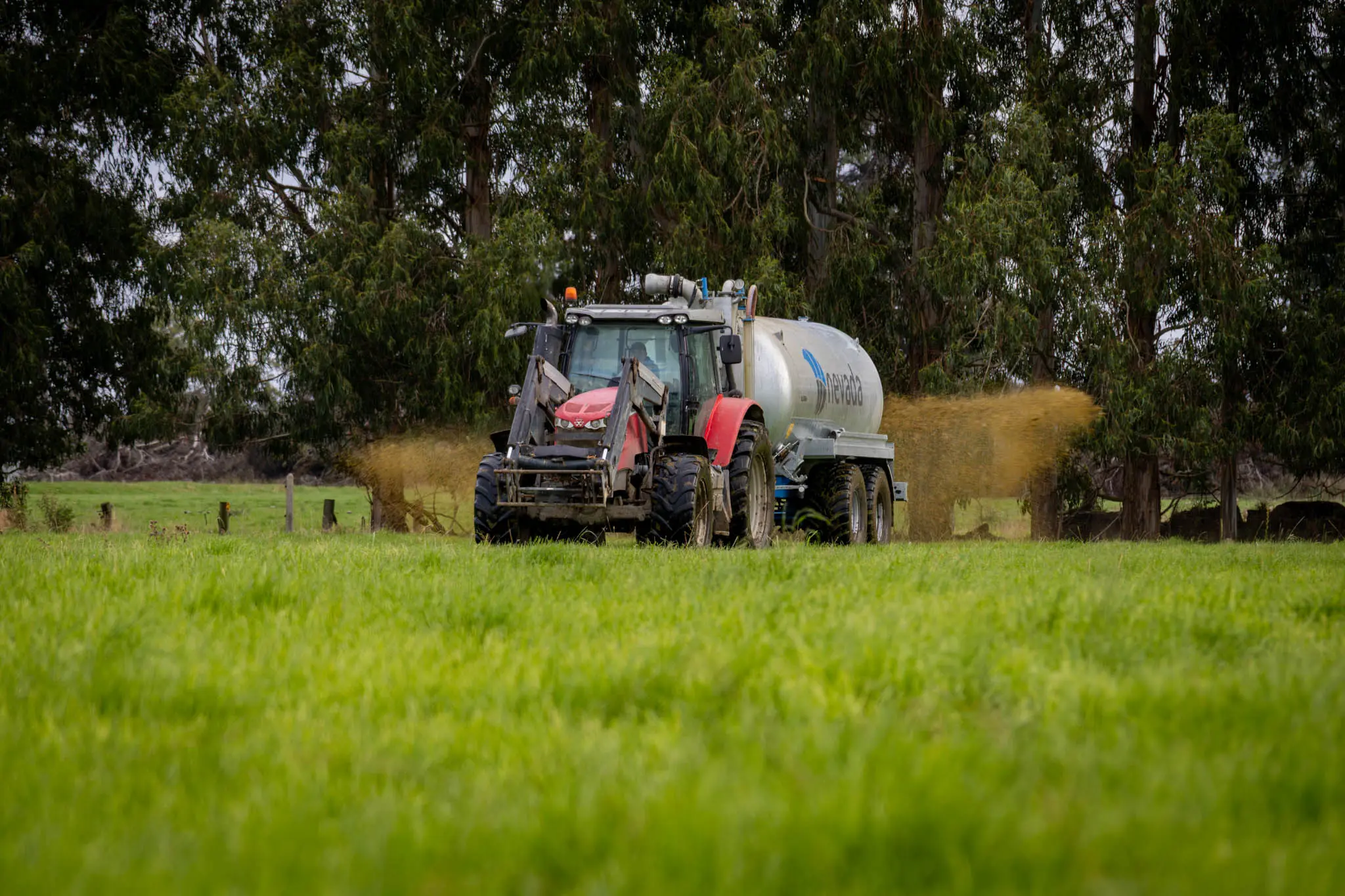 Vincent Trabasas spreading dairy effluent across a paddock with a Nevada slurry tanker.