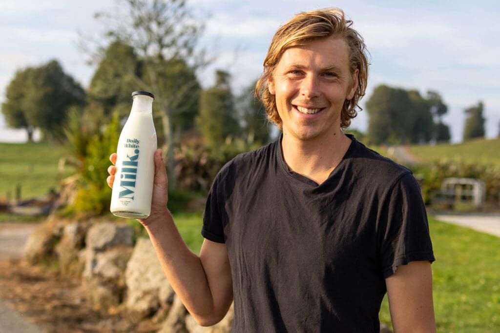 Liz Saved $20,000 in Fert 3 Hamish Hodgson pportrait with his Milk from Volcanic Creamery in NZ