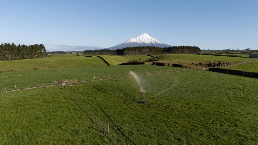 Greenback Magnum Irrigator, in action on a farm with Taranaki in the back ground